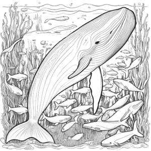 Blue Whale swimming in the ocean surrounded by fish and seaweed coloring page