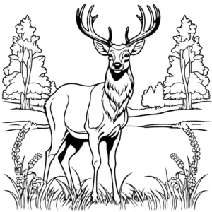 Majestic deer with antlers coloring page in a meadow coloring page