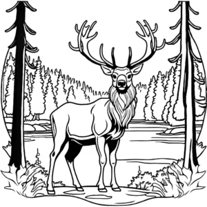 Elk coloring page with forest and river background coloring page