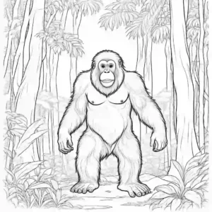 Majestic Orangutan with long arms and orange fur in a lush forest coloring page