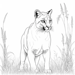 Puma coloring page in a grassy meadow coloring page