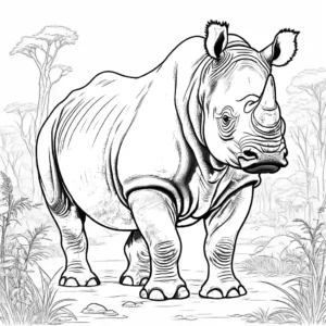 Rhinoceros in natural habitat line art coloring page