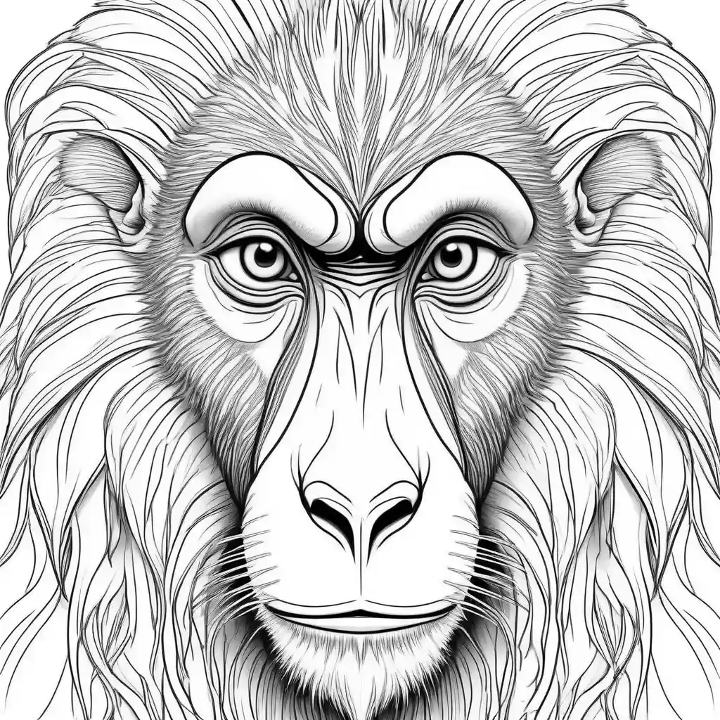 Detailed black and white Mandrill face coloring page with colorful markings coloring page