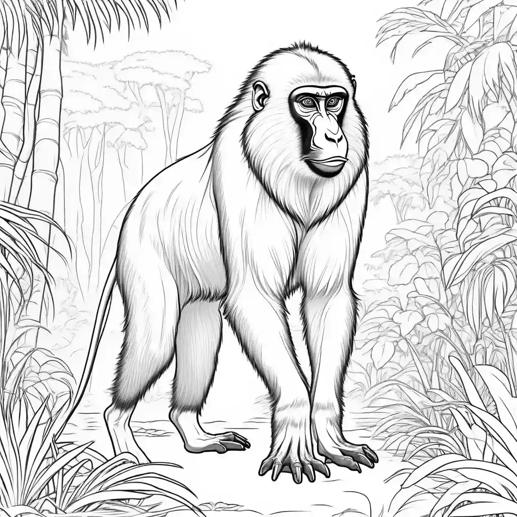 Realistic Mandrill outline in lush forest coloring page