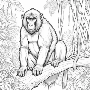 Mandrill sitting on tree branch in lush jungle coloring page