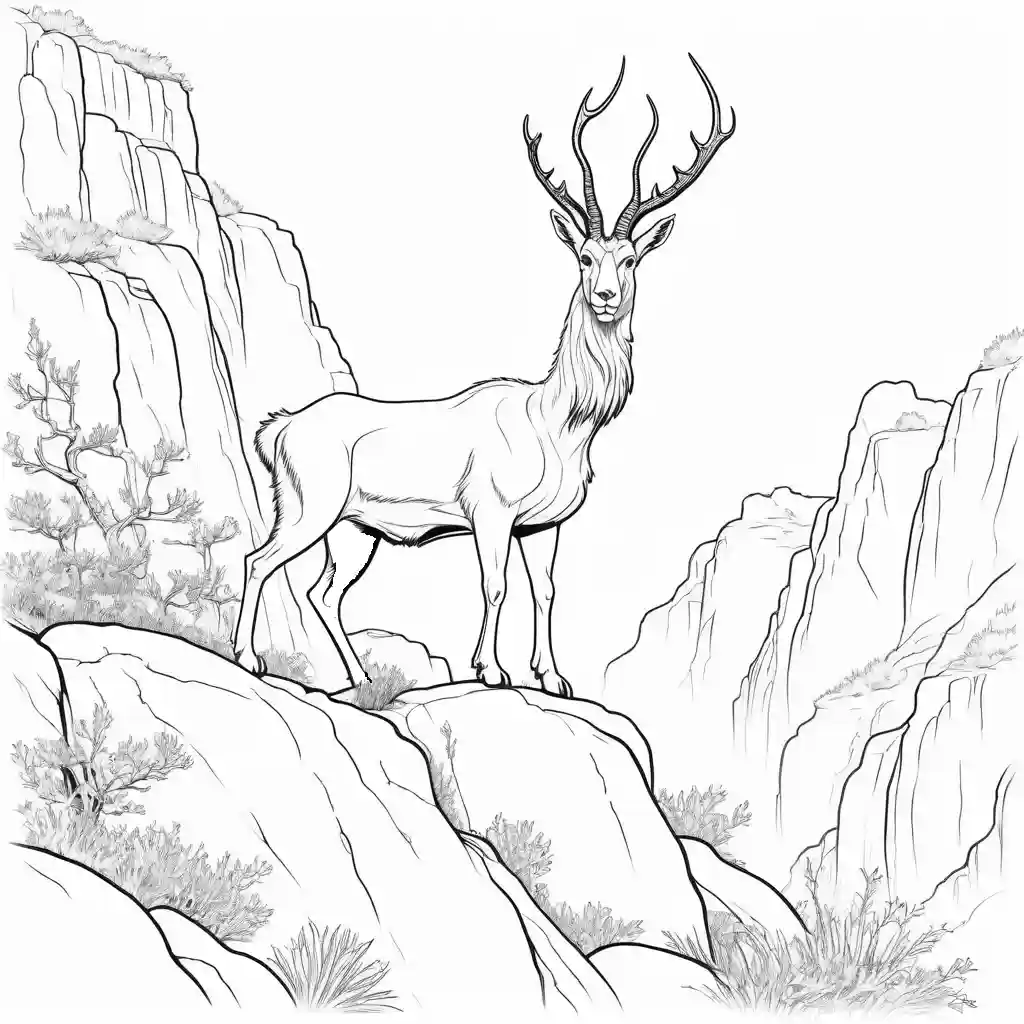 Markhor standing on rocky mountain cliff surrounded by bushes coloring page