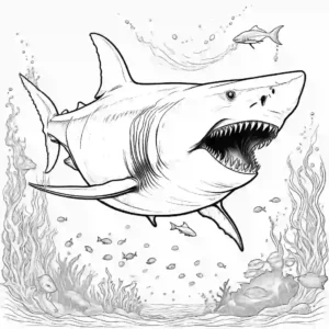 Artistic line drawing of a megalodon hunting a fish in the deep sea coloring page