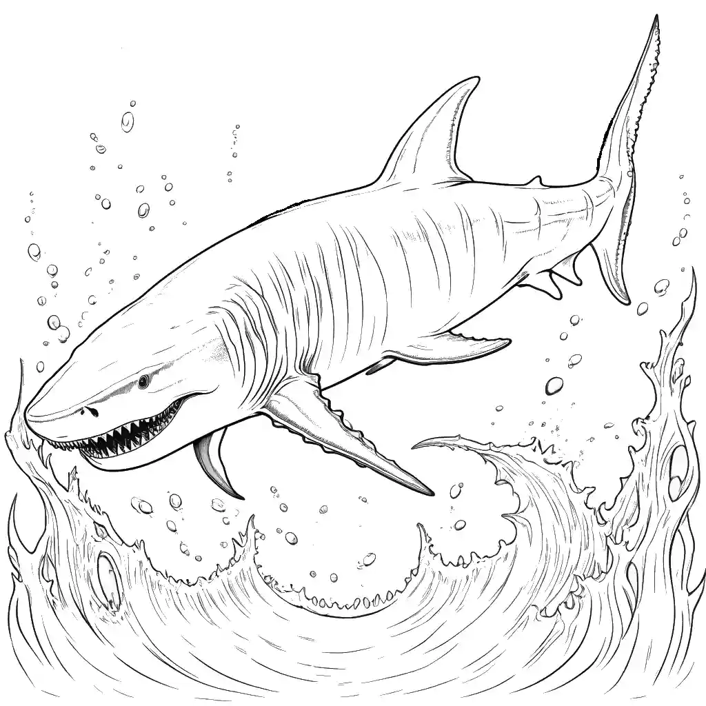 Outline of a Megalodon shark with sharp teeth and scales, emerging from the depths of the ocean coloring page