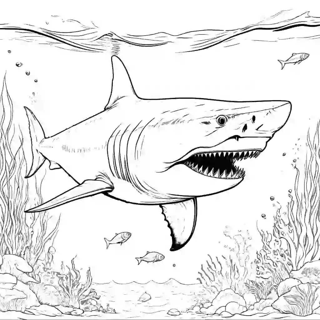 Black and white sketch of a megalodon hunting a fish in the ocean coloring page