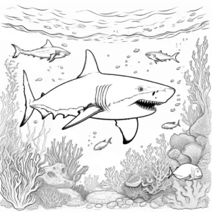 Detailed drawing of Megalodon in deep ocean with coral reefs, seafloor and various sea creatures in the background coloring page
