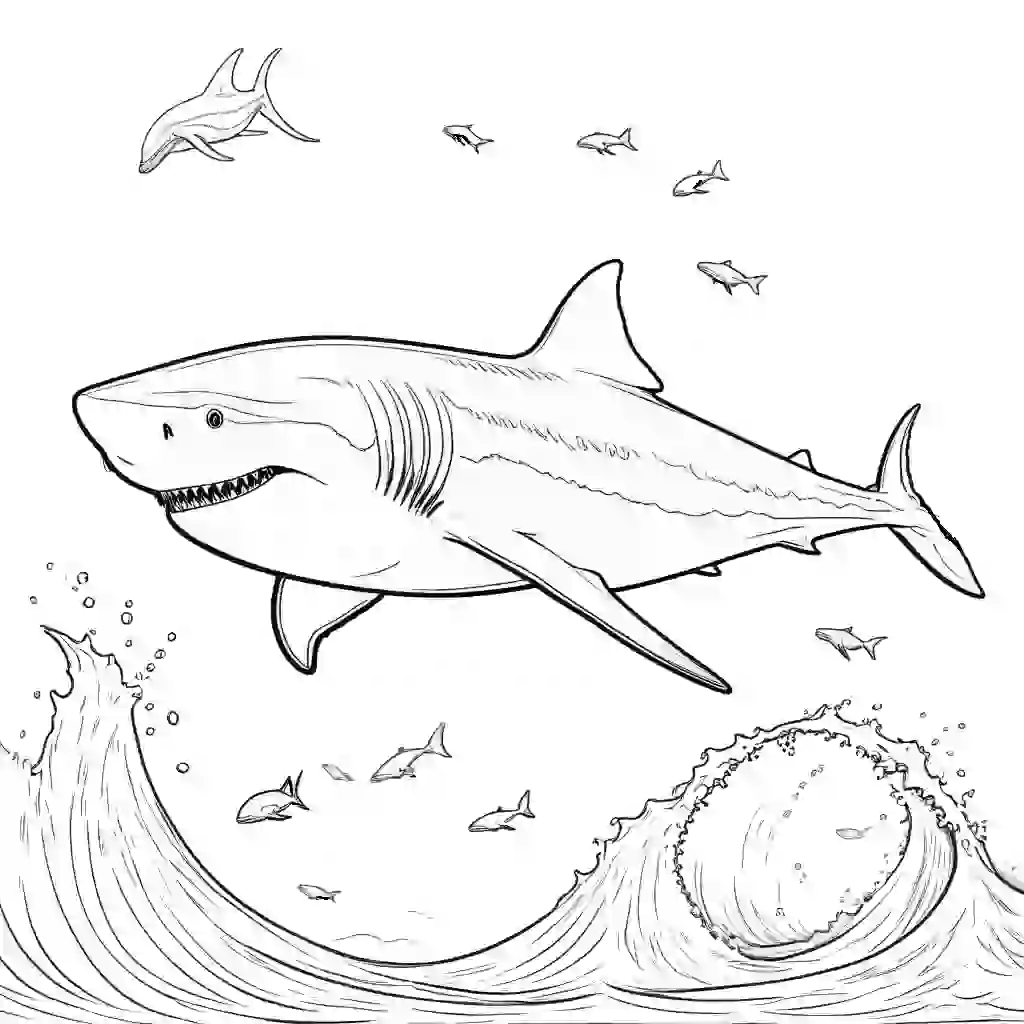 Minimalist style megalodon shark with clean lines and simple patterns, surrounded by waves and seagulls coloring page