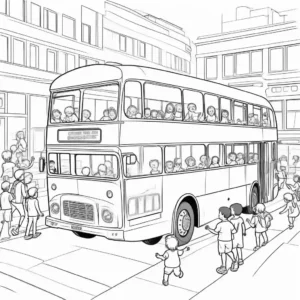 Simple Modern Double-Decker Bus with Boarding Children Coloring Page