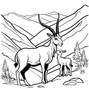 Markhor and kid coloring page in mountainous landscape coloring page
