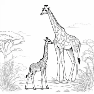 Outline of baby giraffe standing next to mother under African sun coloring page