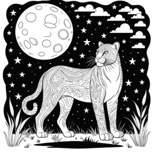 Panther coloring page under the moonlight with stars shining in the night sky coloring page