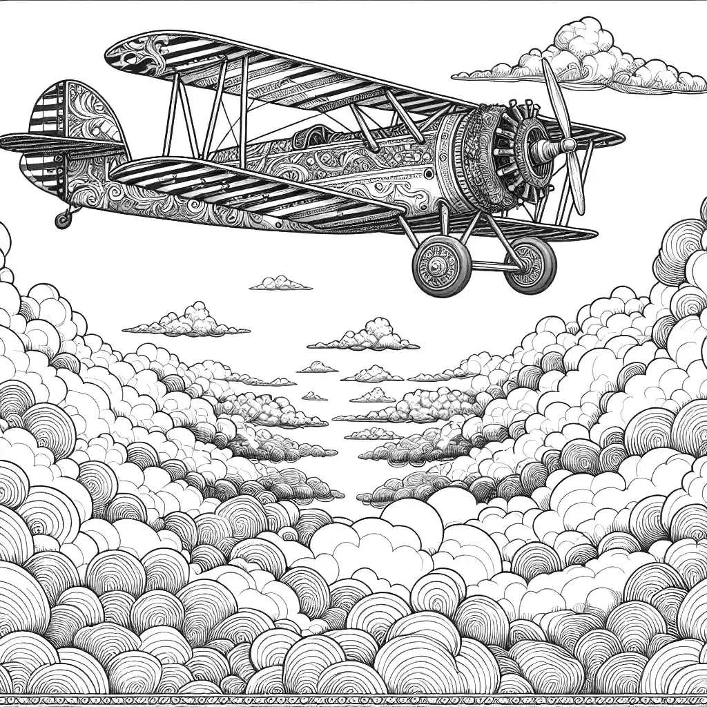 Vintage airplane flying in the sky coloring page