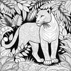 White Panther standing in lush jungle environment coloring page