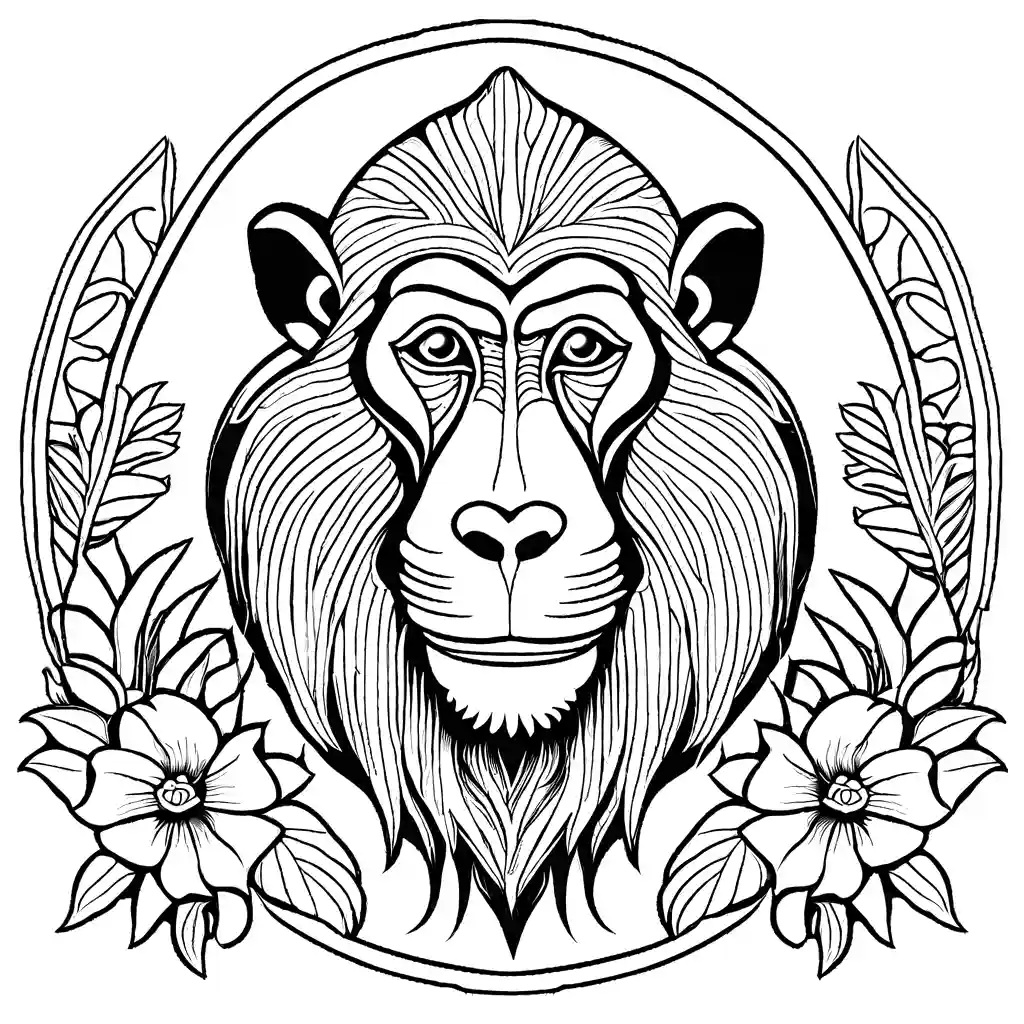 Mandrill with beautiful patterns on its face surrounded by tropical flowers and lush vegetation coloring page