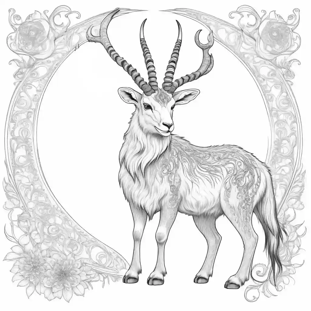 Detailed sketch of Markhor with intricate fur patterns coloring page