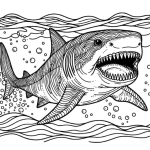 Megalodon shark with open mouth and teeth in the ocean coloring page