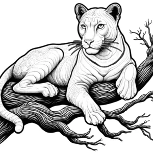 White Panther with intense gaze lounging on tree in natural habitat coloring page