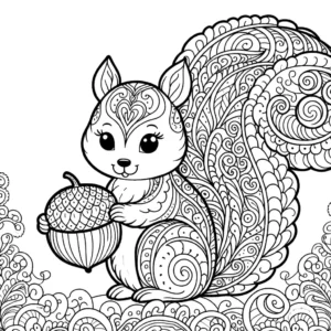 Adorable squirrel holding an acorn in its paw with intricate fur patterns coloring page