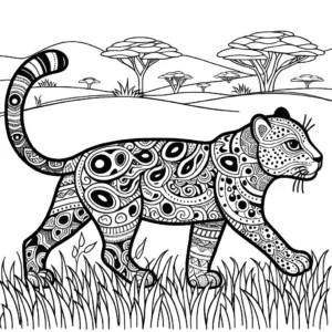 Leopard with intricate patterns and spots walking through the grassland coloring page