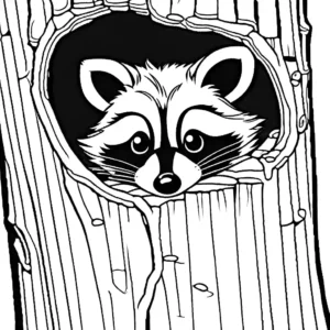 Playful raccoon peeking out of a hollow tree trunk coloring page