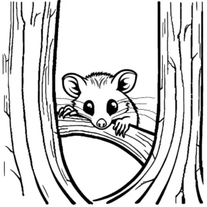 Curious Possum peeking out of a hollow tree coloring page