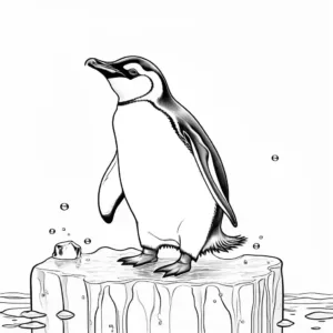 Cute penguin standing on ice surrounded by fish for coloring page