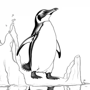 Penguin standing on an iceberg holding a fish in its mouth coloring page
