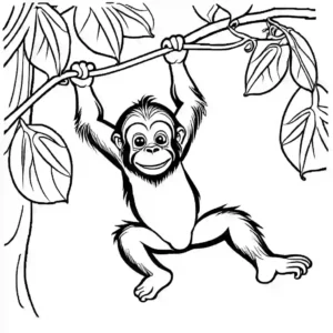 Baby Orangutan hanging from vines in the lush rainforest coloring page
