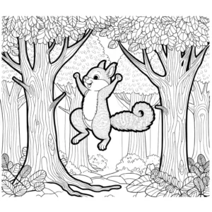Playful squirrel jumping between tree branches in the forest coloring page
