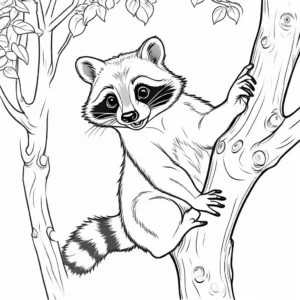 Playful Raccoon climbing a tree coloring page
