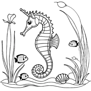 Playful seahorse surrounded by seashells and marine life coloring page