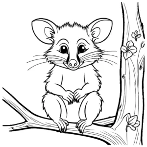 Adorable Possum sitting on a tree branch coloring page