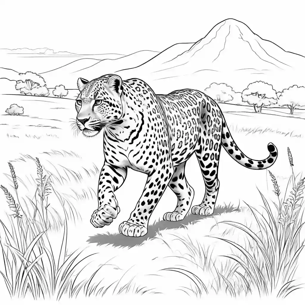 Leopard walking through the grassland coloring page