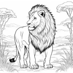 Majestic lion standing on the savanna, illustration for coloring page