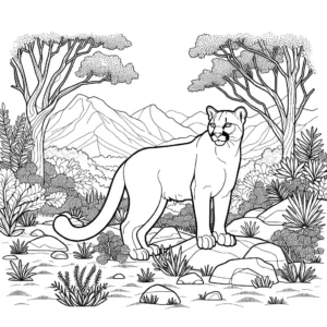 Puma outline drawing in wilderness with trees and rocks in the background coloring page