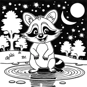 Content raccoon happily splashing in a puddle with a reflection of the moon coloring page