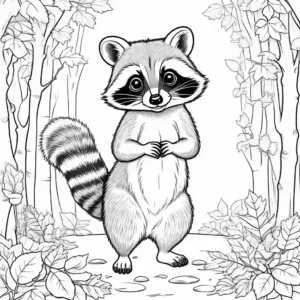 Adorable raccoon coloring page with trees and leaves, holding an acorn in its paws coloring page