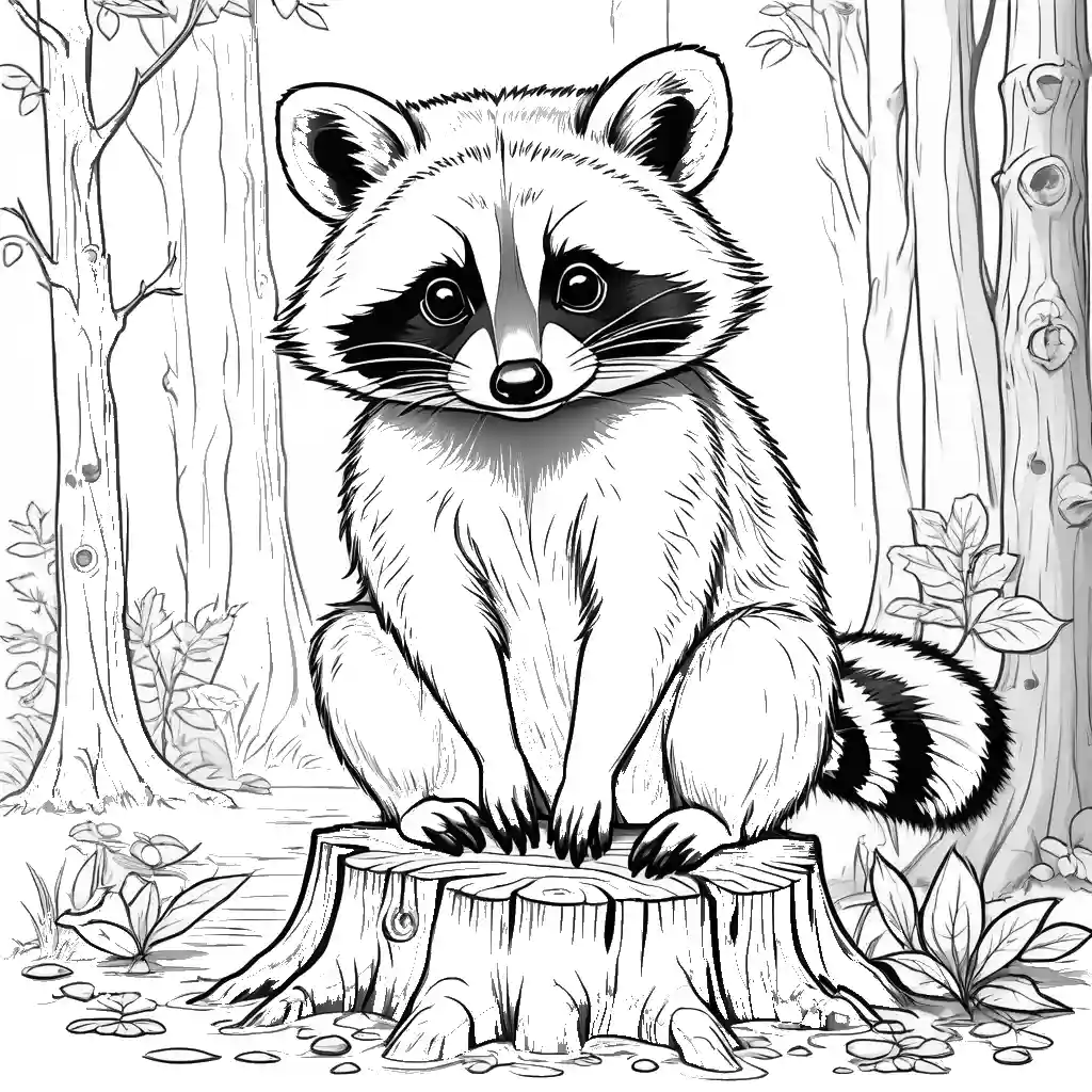 Cute Raccoon sitting on a tree stump in the forest coloring page