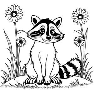 Adorable raccoon with a striped tail sitting on a grassy hill with daisies coloring page