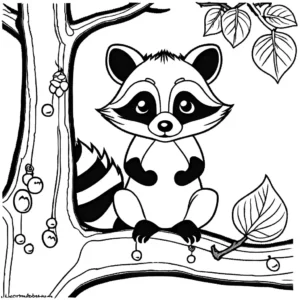 Adorable raccoon sitting on a tree branch holding an acorn coloring page