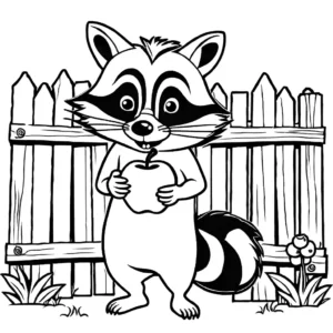 Raccoon carrying an apple in its mouth while crossing a wooden fence coloring page