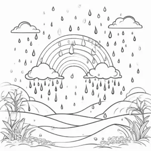 Rainbow, sun, and raindrops line art coloring page