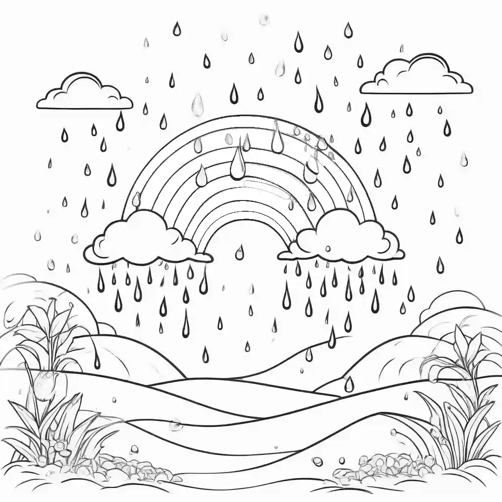 Rainbow, sun, and raindrops line art coloring page