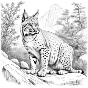 Bobcat drawing with rocky background coloring page