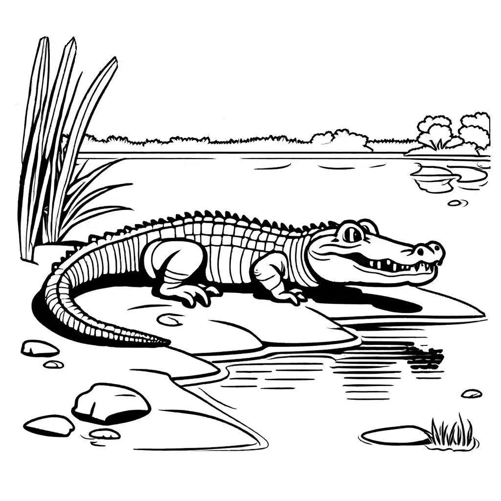 Realistic crocodile sunbathing on a riverbank coloring page