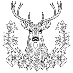 Realistic deer portrait with intricate floral patterns coloring page